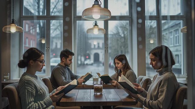 Diverse book club gathers in warm caf&eacute;, community built through shared pages and quiet presence, community that values listening as much as speaking, community refuge from digital noise and isolation.