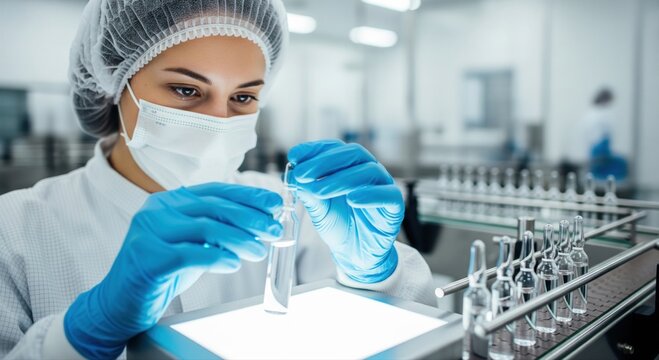 Pharmaceutical quality control inspection concept showing female technician manufacturer examining glass ampoule against light board in sterile cleanroom highlighting safety precision purity standards