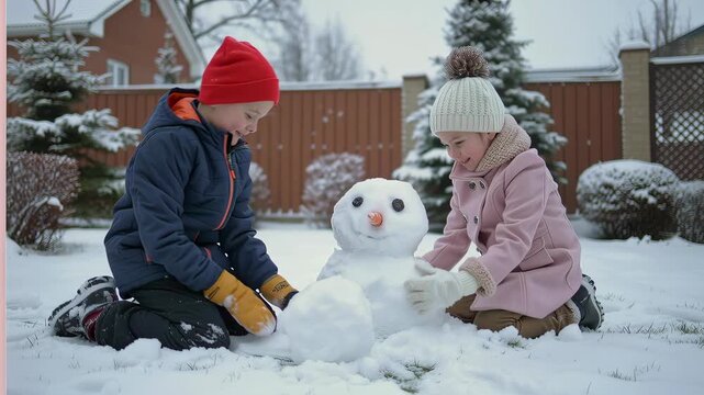 Boy and girl smile while finishing snowman in sunny winter yard, joy visible in shared focus and laughter, joy born from collaboration seasonal ritual, joy preserved in memory long after melt season.