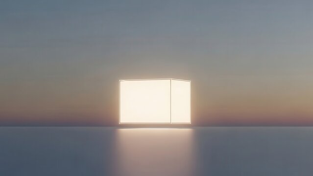 An abstract, minimalist, and serene ethereal glowing geometric cube, meticulously 3D rendered with a smooth, illuminated, translucent surface and sharp, defined edges, standing perfectly centered and