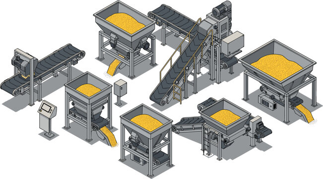 Isometric industrial grain processing machinery set with conveyor belts storage hoppers and food production equipment cad drawing flat vector illustration