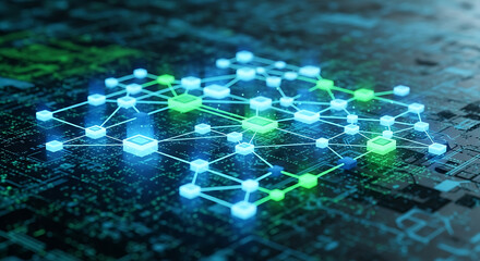 Obraz premium Network connections and data transfer visualized through glowing blue and green nodes on a digital circuit board from a top-down viewpoint