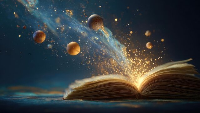 An open book releasing glowing sparkles and tiny planets into a magical, cosmic swirl. Concept Open Book Release, Glowing Sparkles, Tiny Planets, Cosmic Swirl, Magical Cosmos Mood