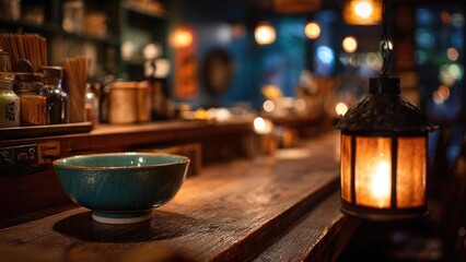 Teal ceramic bowl on a wooden bar counter with warm lantern light and jars in a cozy, dimly lit bar. Concept Cozy Bar Lighting, Teal Ceramic Bowl, Wooden Counter Details, Warm Lantern Glow