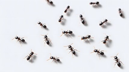 Fototapeta premium A detailed view of many tiny black ants dispersed across a bright white background showcasing their intricate forms and collective movement