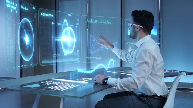 Scientist uses AR interface to analyse molecular structure (central sphere) alongside clinical trial metrics (right chart) and patient cohort visualization (left ring). Hand gestures rotate and zoom.