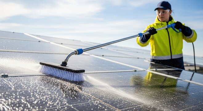 Solar panel maintenance and cleaning service concept showing technician washing rooftop photovoltaic panel with water fed brush highlighting efficiency performance care and renewable energy upkeep