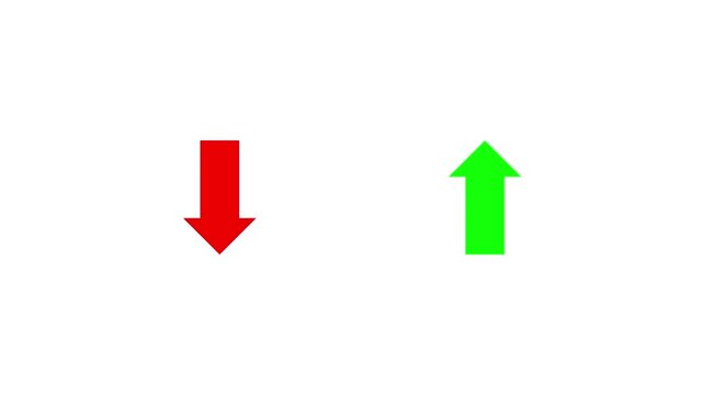 Set of cyclic loop animations of arrow icons movements. Down up. Arrows filled red green colors.