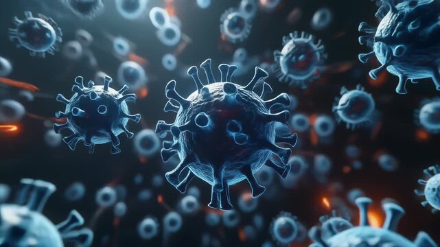 Microscopic view of virus particles floating in a dark environment, captured in high detail, showing the structure and morphology of the viral entities