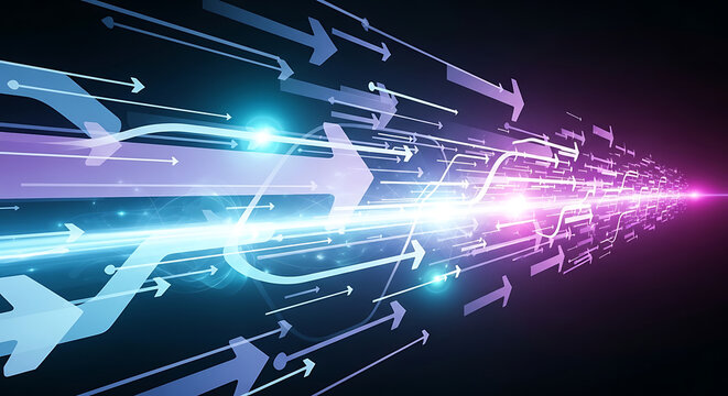Futuristic neon arrows converging towards a vibrant light on a dark background, symbolizing technology and innovation