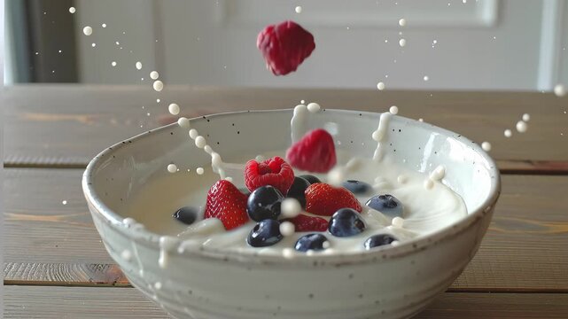 Strawberry in mid-air above ceramic bowl of yoghurt; milk splashes wooden table background; green mint leaves left of frame; food shot for breakfast campaign or ASMR content.