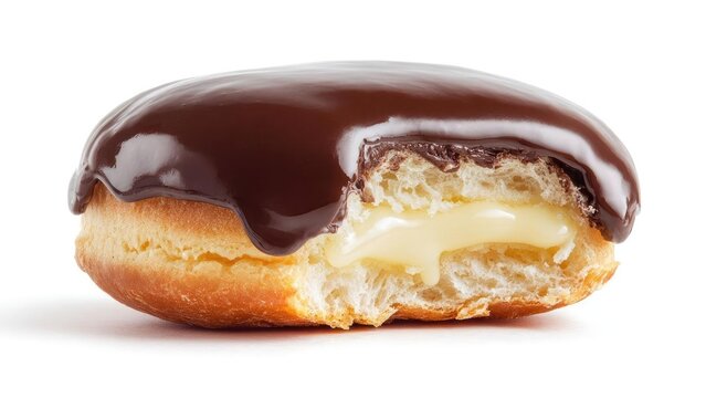 Chocolate-glazed donut with vanilla cream filling. Concept Chocolate-Glazed Donut, Vanilla Cream Filling, Dessert, Pastry, Sweet Treats
