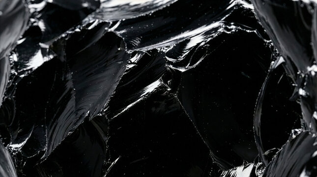 Macro closeup of raw black obsidian crystal texture background with sharp glossy conchoidal fractures representing protection stone and dark volcanic glass