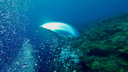 Air bubbles rising toward the ocean surface beside the reef wall. Streams of bubbles float upward through blue sea water during a deep dive.