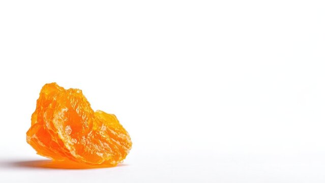 an irregular orange rock candy crystal on a white background Concept Orange rock candy crystal, irregular sugar crystal, macro still life, translucent orange candy, white background