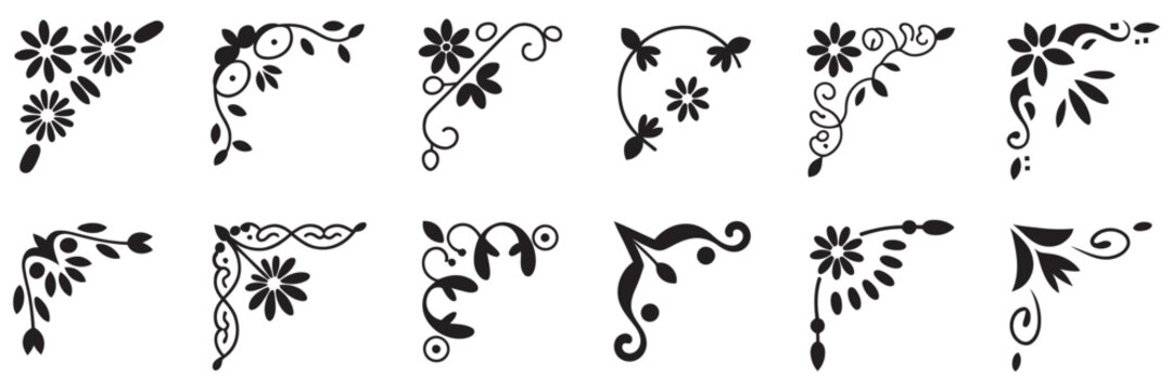 Set of ornamental corners, decorative vector designs, classical and modern motifs, frame accents, border decorations, elegant isolated illustration