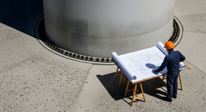 Engineer in orange hard hat reviewing blue blueprints on a wooden stand near a large grey wind turbine base for renewable energy planning