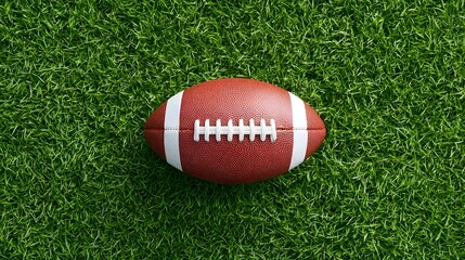 Obraz premium Top down view of a classic brown American football with white laces and stripes positioned on a detailed lush green grass sports field