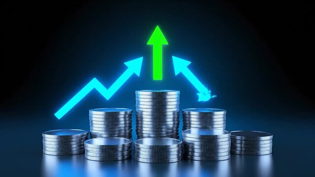 Stacks of coins with an upward, downward, and neutral arrows on a gradient background