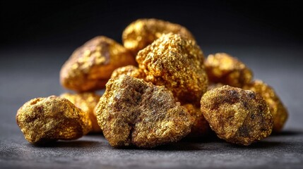 Close-up of gold nuggets on a dark surface, representing wealth and value