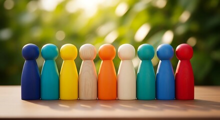 Diverse group of multi-colored wooden people figures standing in a line against a blurred sunlit outdoor forest backdrop