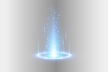 Naklejka premium Blue energy beam portal with glowing light column particles and circular ring effect on transparent background.