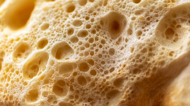 Close-up view of bread crust showing texture and air holes from the baking process in a kitchen setting