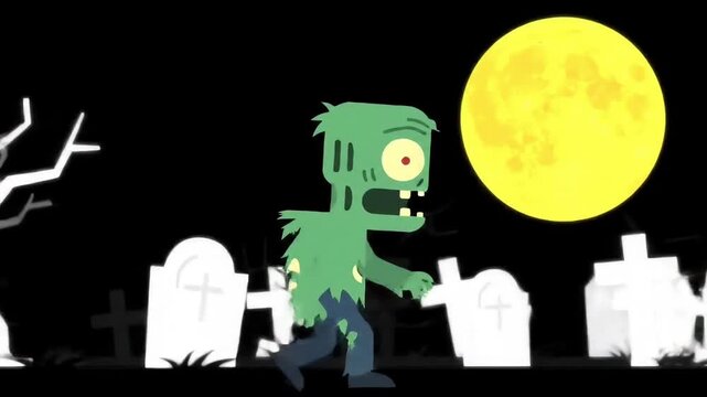 A cartoon zombie with green skin and torn clothes walks from left to right across a spooky graveyard under a bright full moon and bare trees at night.