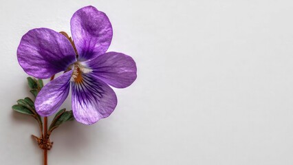 Obraz premium Purple pansy (viola) flower with veined petals on a pale background. Concept Purple pansy, Viola flower close-up, Veined petals, Pale background, Floral macro