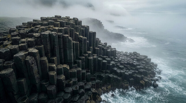 Cinematic 3D illustration of hexagonal basalt column cliffs on foggy coast with crashing ocean waves representing mysterious volcanic geology landscape