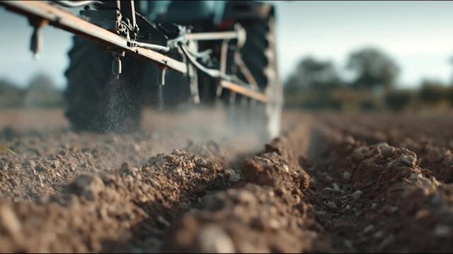 Modern tractor spraying vital agricultural treatment on fertile soil, showcasing efficient farming practices for healthy crop growth