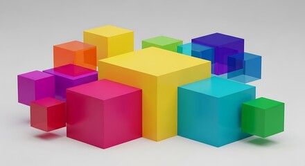 Fototapeta premium Vibrant 3d abstract colorful cubes and blocks design featuring yellow and green square toy bricks in a creative construction box concept on white