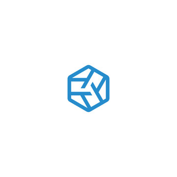 Geometric Hexagon Logo Design with Interlocking Lines in Blue.