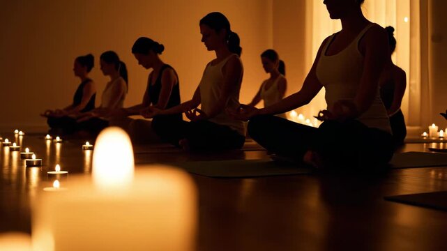 Serene group of women in silhouette engaging in a guided meditation practice, illuminated by soft candlelight, creating a tranquil and atmospheric wellness experience in a dimly lit yoga stu