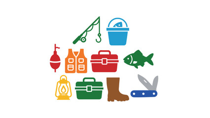 Fototapeta premium Fishing icon vector illustration with various colorful fishing equipment and tools