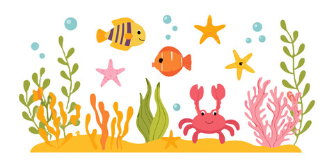 Obraz premium Colorful cartoon illustration of fish crab and marine plants underwater