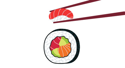 Illustration of nigiri and maki sushi with chopsticks on white background © Tm Studio