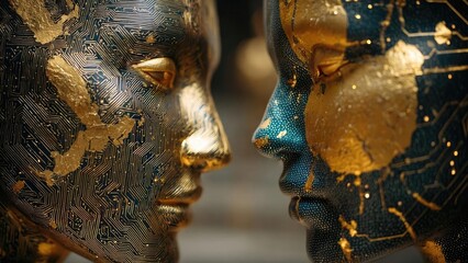 Two futuristic masks with circuit-board patterns and gold flecks, facing each other in a close-up. Concept Futuristic masks with circuit-board patterns, Gold flecks detailing on masks