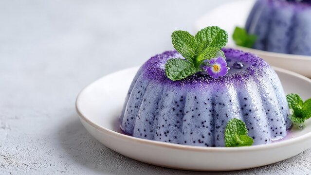 Purple jelly pudding in a fluted mold, speckled with black dots, garnished with mint leaves and a small purple flower. Concept Purple jelly pudding in a fluted mold, Speckled with black dots