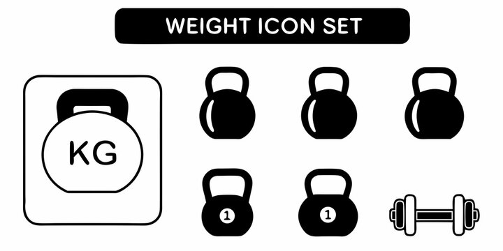 Weight icon set displaying kettlebells and dumbbells in black and white