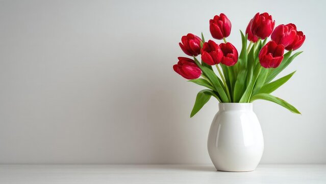 A white vase with a bouquet of red tulips on a light surface. Concept Floral Arrangement, Red Tulips, White Vase, Minimalist Aesthetic, Soft Lighting