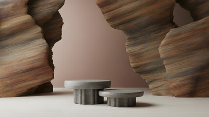 Modern stone tables in minimalist interior with abstract rock formations