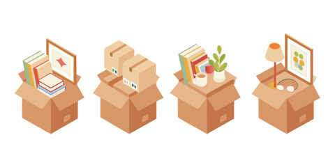 Fototapeta premium Isometric illustration of stacked boxes with various household items