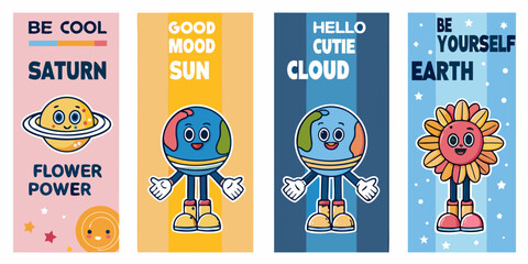 Four colorful cartoon banners featuring planets clouds and floral elements © Sourav