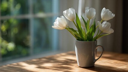 Obraz premium White tulips in a ceramic mug on a sunlit wooden table. Concept Tulips, White flowers, Ceramic mug, Sunlit table, Still life
