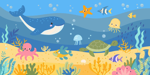 Fototapeta premium Colorful cartoon illustration of underwater life with various sea creatures