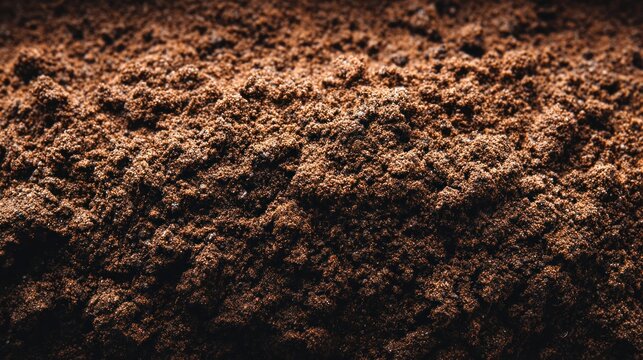 Close-up of rich, dark brown soil, perfect for gardening and agriculture