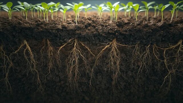 Healthy green seedlings with extensive root networks thrive in rich soil, illustrating the vital foundations of life and sustainable growth