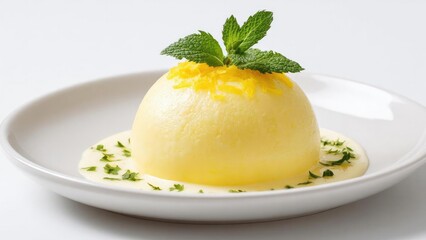 A pale yellow lemon dessert molded into a dome, topped with lemon zest and mint, in a pool of creamy herb sauce. Concept Pale lemon dome, Lemon zest & mint, Creamy herb sauce pool