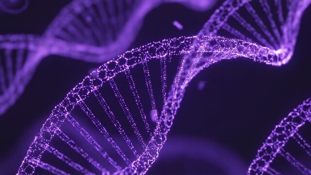 Close-up view of glowing purple DNA double helix strands against a dark background, representing genetic code and molecular biology.